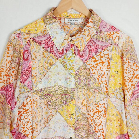 Rose & Olive, XL Button Down Blouse, Long Sleeve, Multi Paisley Patchwork Print - Picture 5 of 15